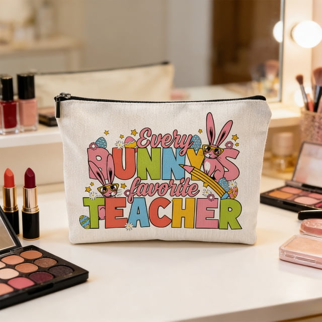 CaiYueKe Easter Bunny Storage Bag Zippered Pencil Case Cosmetic Makeup Organizer Travel Toiletry Bag Portable Burlap Pouch for Women Girls School Supplies Gifts