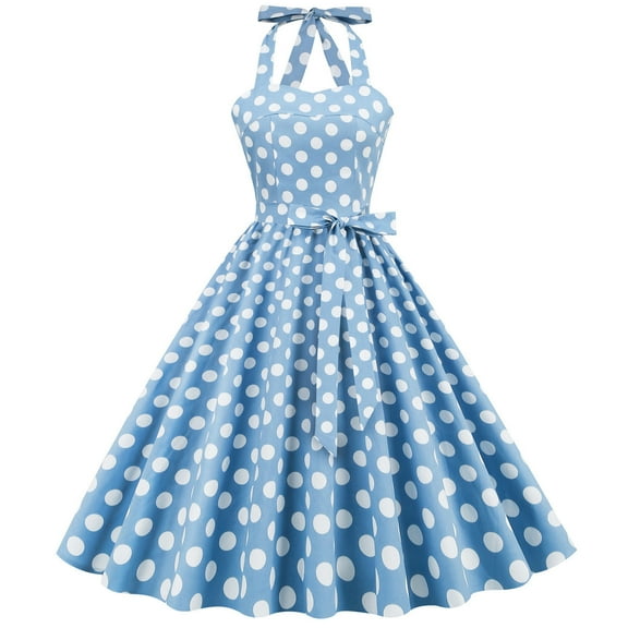 Women's Vintage Dress Polka Dots Neck Lace-Up Summer Sleeveless 1950s Retro Cocktail Party Swing Midi Dresses (Small, Light blue)