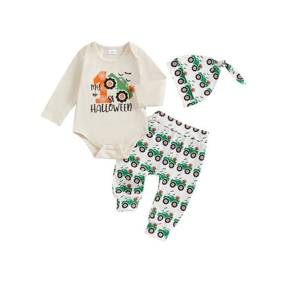 Baby Toddler Boys 3Pcs Halloween Outfits 0 3 6 12 18 Months Long Sleeve Romper Tractor Print Pants Hat Set Newborn Clothes