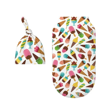 

Wukai Ice Cream Popsicles Newborn Swaddle Set 100% Cotton Matching Headband and Beanie Set