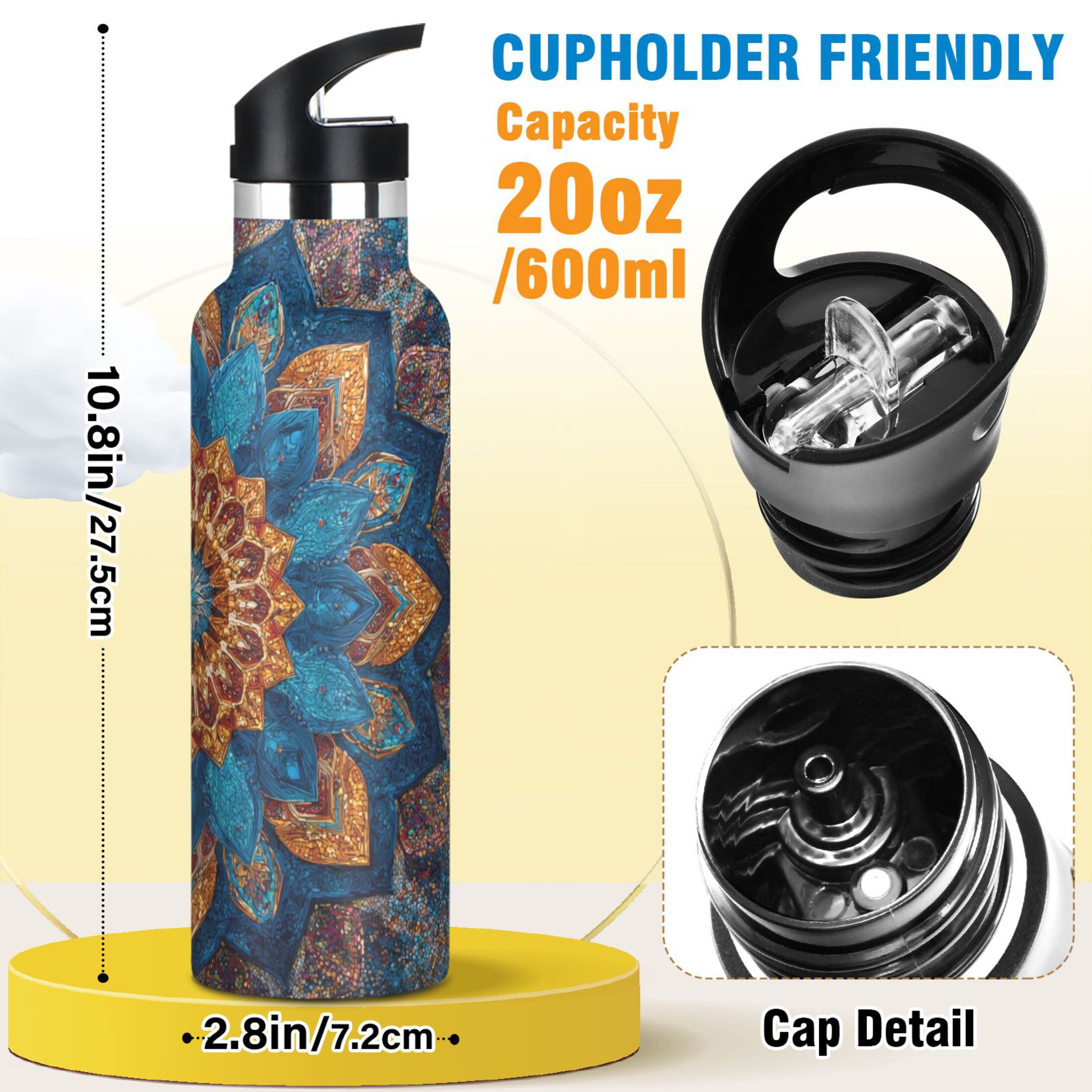Kids Insulated Stainless Steel Sports Water Bottle 600ml (20oz) Intricate Geometric Shapes