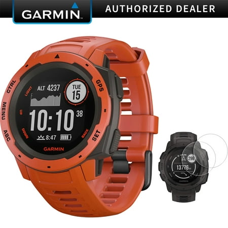 Garmin Instinct Rugged Outdoor Watch with GPS and Heart Rate Monitoring Flame Red (010-02064-02) with Deco Essentials 2-pack Screen Protector for Garmin