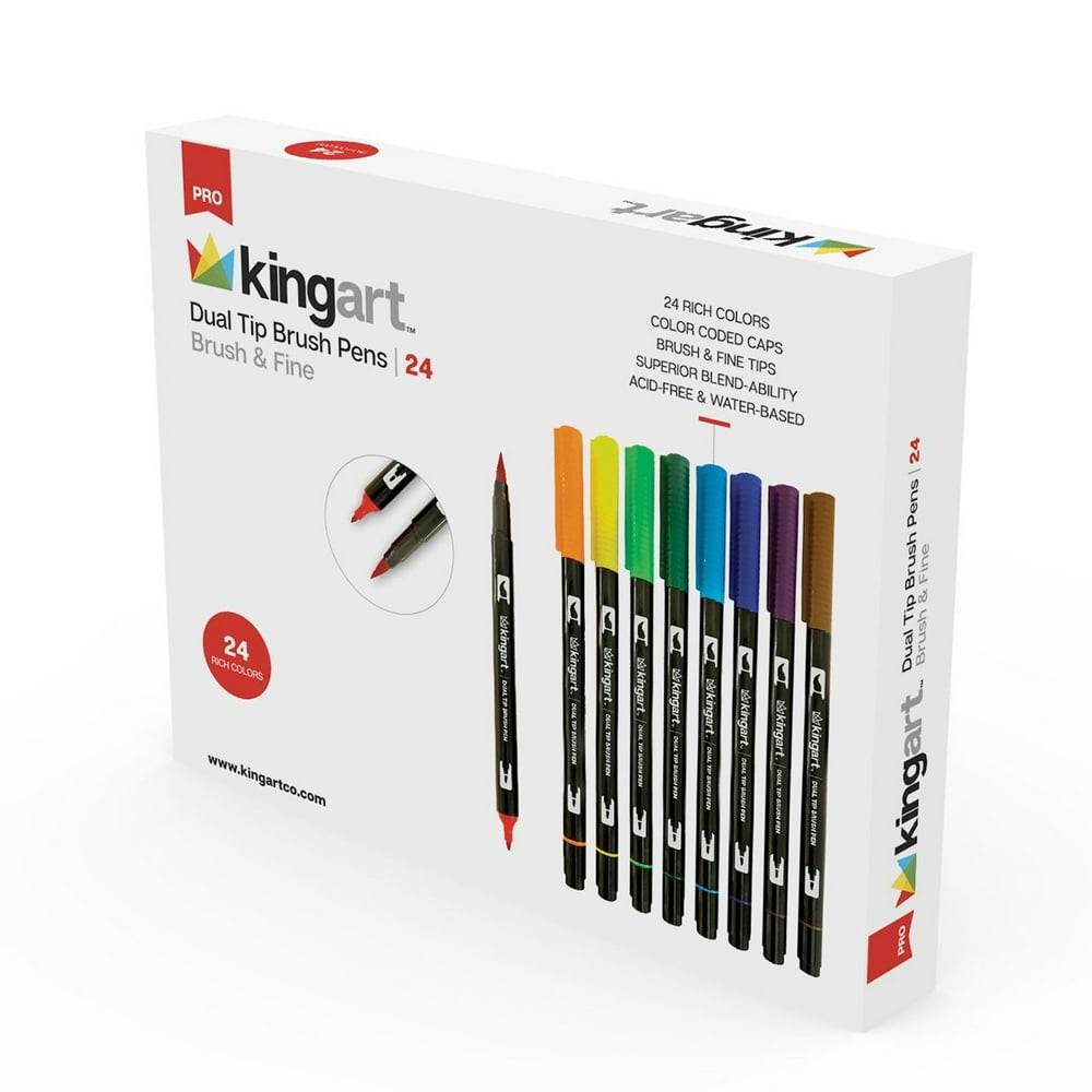 KINGART™ Dual Tip Brush Pen Art Markers, Set of 24 Unique Colors