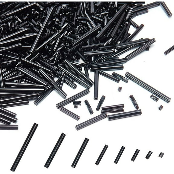 1176Pcs 6 Sizes Tube Beads Glass Bugle Beads Black Bugle Seed Beads Mixed Size Tube Seed Beads Craft Beads Assortment Beads for DIY Decoration Carfts Hole: 0.5-1mm Black