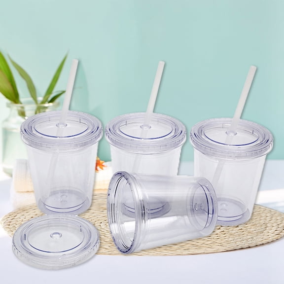 Oiur 12OZ Straw Cup Double-layer Reusable with Lid Travel Clear Ice Coffee Mug Office Supplies
