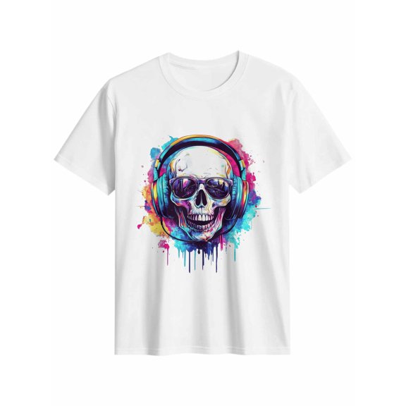 Women's T-Shirt Skull With Headphones Fashion Colorful Short Sleeve Casual Tee Classic Crew Neck T Shirt for Women White, M