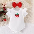 thumbnail image 6 of Kaprioy Baby Girl Outfit Girls Clothes Short Sleeved Fruit Printed Ruffle Sleeve Knitted Romper Bodysuit Short Solid Skirt Pants Suit Bow Headband Stockings Set, 6 of 7