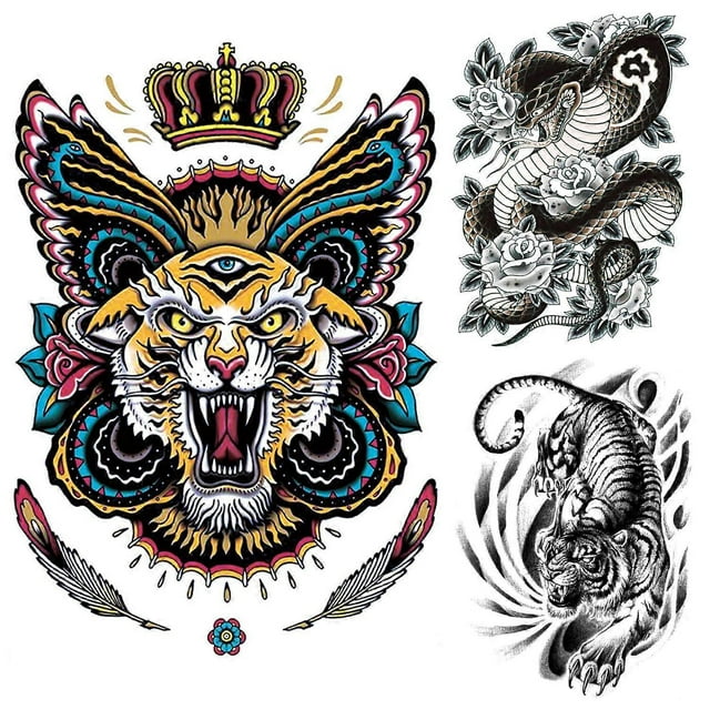 Super Big Full Back Covered Temporary Tattoos, 3 Pack Large Fake Realistic Tattoo Stickers for Adults Men Women, Scary Fierce Tiger Snake Serpent Desi