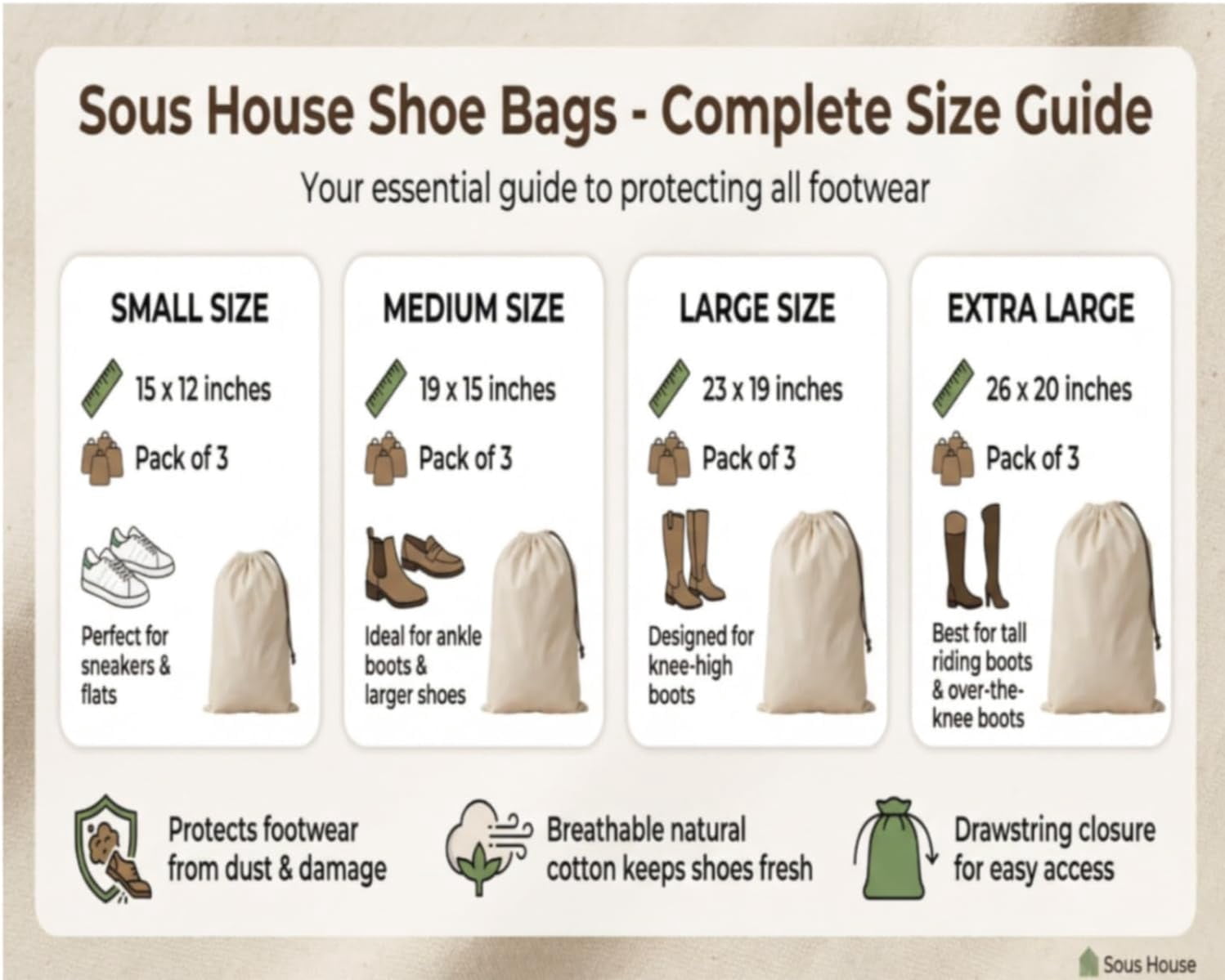 3 Pack Shoe Bags for Travel, Drawstring Portable Shoe Bags for Storage, Travel Essential Cotton Footwear Laundry Bag For Men & Women, Dustproof Reusable Organizer Bags for Sneakers: 15"x12"