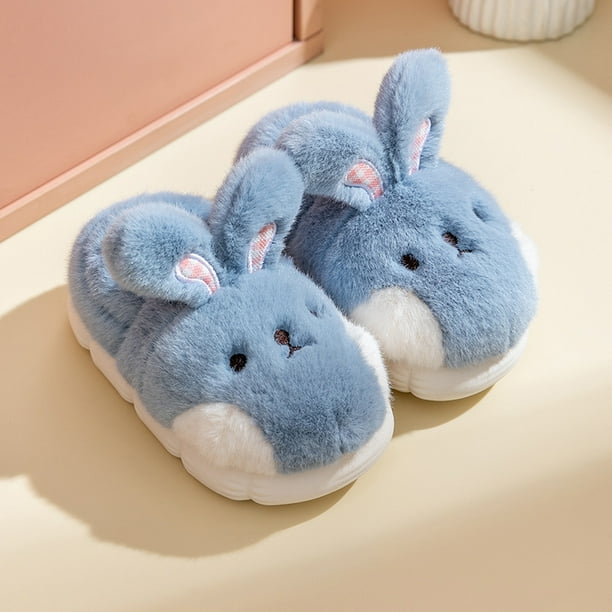conejito peludas cálidas de invierno 210 (azul), zapatos de conejo para niños, lindas y cómodas pantuflas de animales esponjosos, zapatos de algodón para niñas con suela gruesa para el hogar