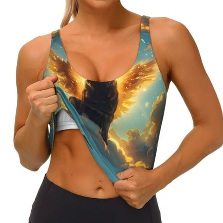 Qokaie Golden Cloud Winged Dog Pattern Womens Scoop Neck Sports Bra Breathable Workout Vest Padded U Back Medium Impact Fitness Gym Yoga Bra Workout Crop Top