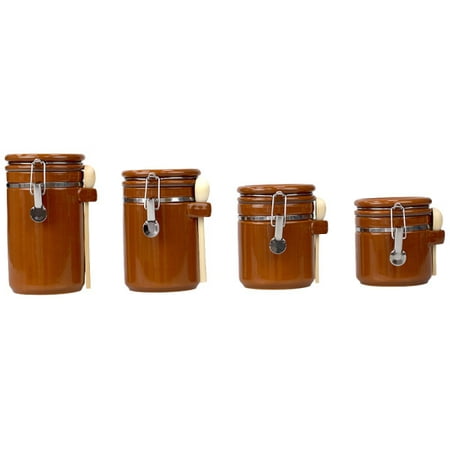 Home Basics 4 Piece Ceramic Canisters with Easy Open Air-Tight Clamp Top Lid and Wooden Spoons, Brown