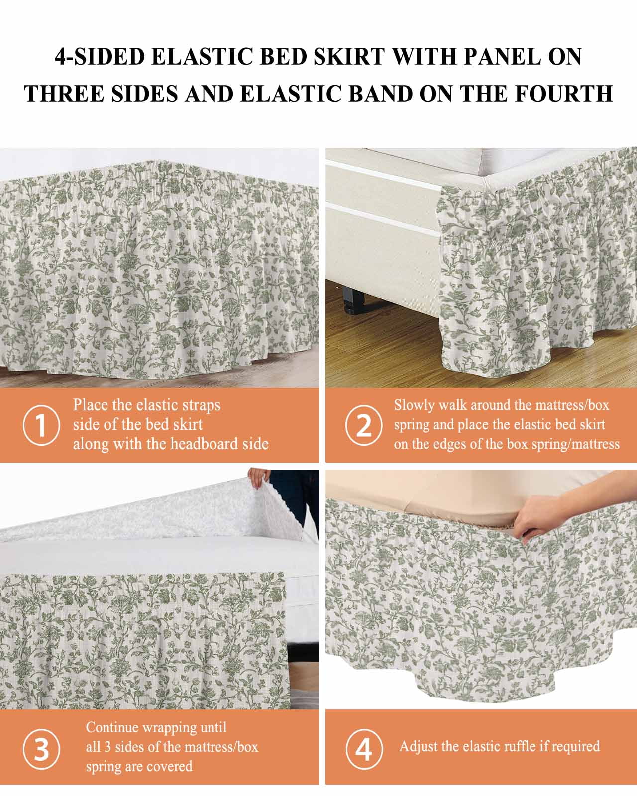 Pastoral Flowers Bed Skirt Green Flower Vintage Linen Texture Bed Skirts King Size 16 Inch Drop, Wrap Around Dust Ruffle&nbsp;Bedskirt with Adjustable Elastic Belt for Queen Size Beds