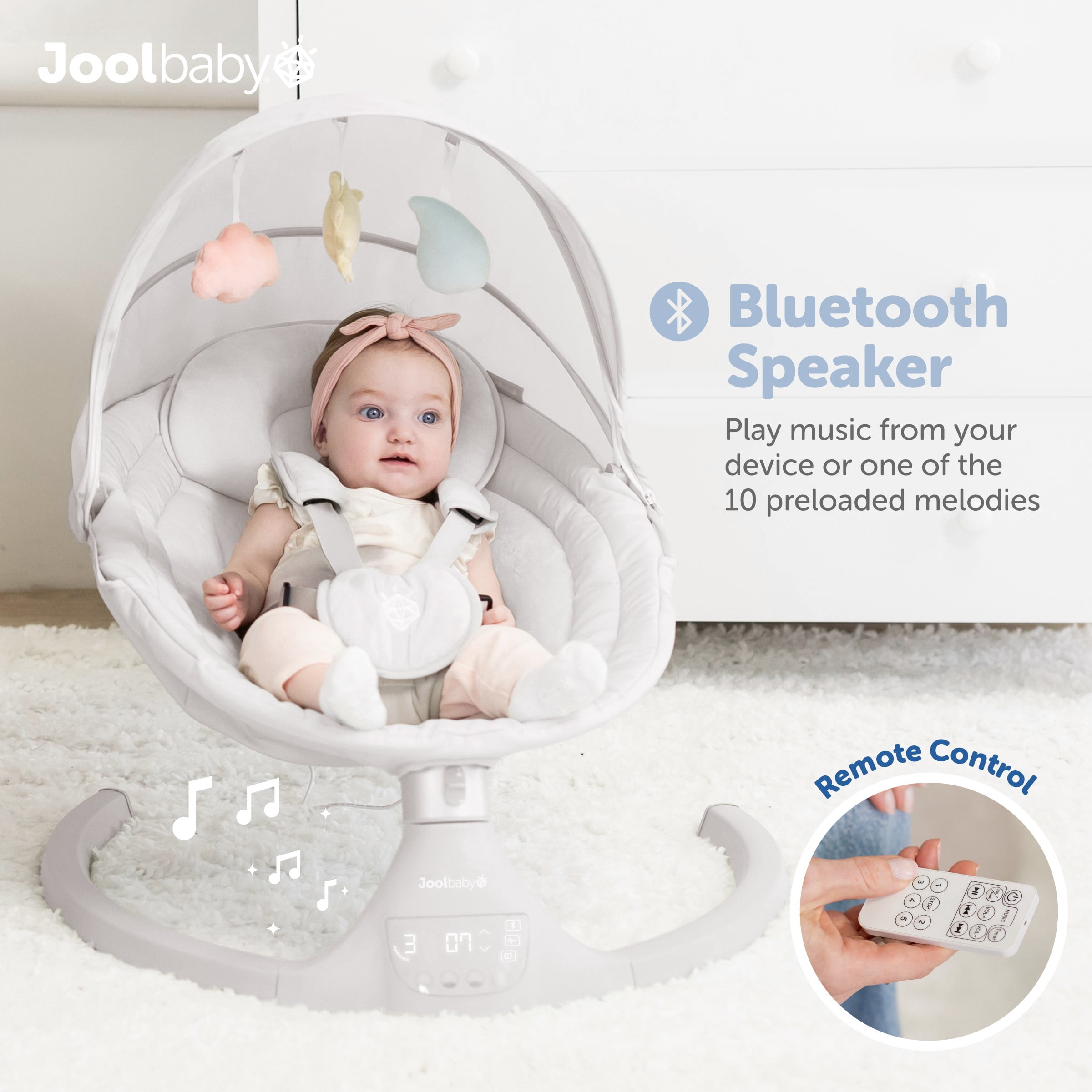 Jool Baby Nova Swing for Newborns - Electric Motorized Infant Swing, Bluetooth Music, 10 Preset Melodies, Remote (Updated Model, Stone)