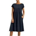 thumbnail image 2 of Jinhomg Women's Summer Midi Dress Casual Loose Solid Cotton Linen T-Shirt Dress Plus Size Comfy Short Sleeve Crew Neck Vacation Dresses Spring Saving Today Dark Blue XL, 2 of 6