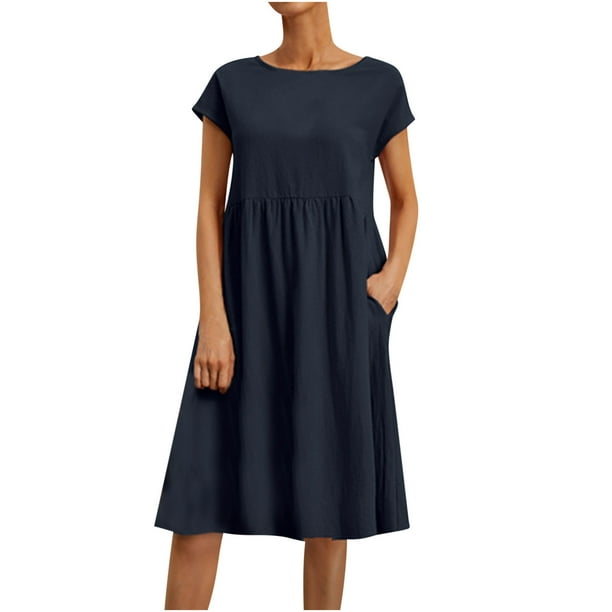 ICHUANYI Clearance Women's Casual Summer Cotton Linen Solid Color Round Neck Short Sleeve Dress Midi Dress(Dark Blue, L) ICHUANYI WER2023080813716