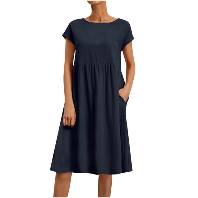 Birdeem Robe Midi Décontractée d'Été pour Femme en Coton et Lin, Couleur Unie, Col Rond, Manches Courtes