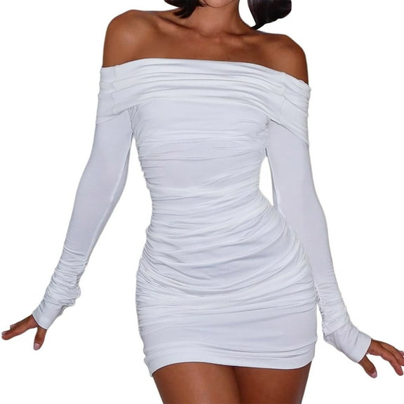 Summer Dresses For Women Solid Color Sexy Elegant Off The Shoulder Long Sleeve Ruched Party Mini Bodycon Dress Sundress Holiday Wear,White,M