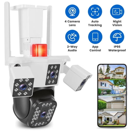 1080P HD 4-Lens Security Camera 360 ° View WiFi Pan & Tilt Surveillance Camera With Full Color Night Vision Auto Motion Tracking 2-Way Audio Spotlights IP66 Waterproof Max 128G Not Included