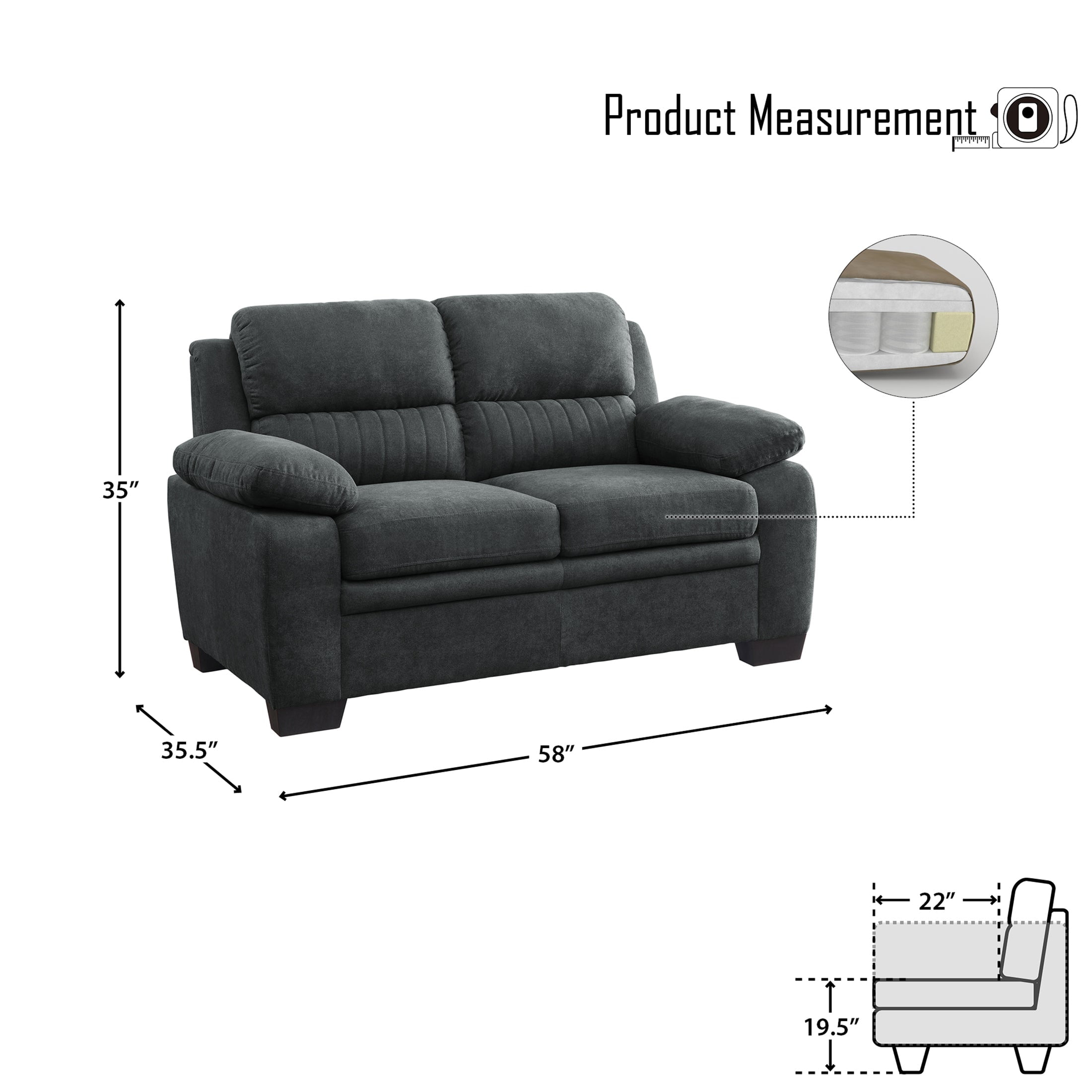 OakvillePark Milford Fabric Upholstered Living Room Loveseat, Dark Gray