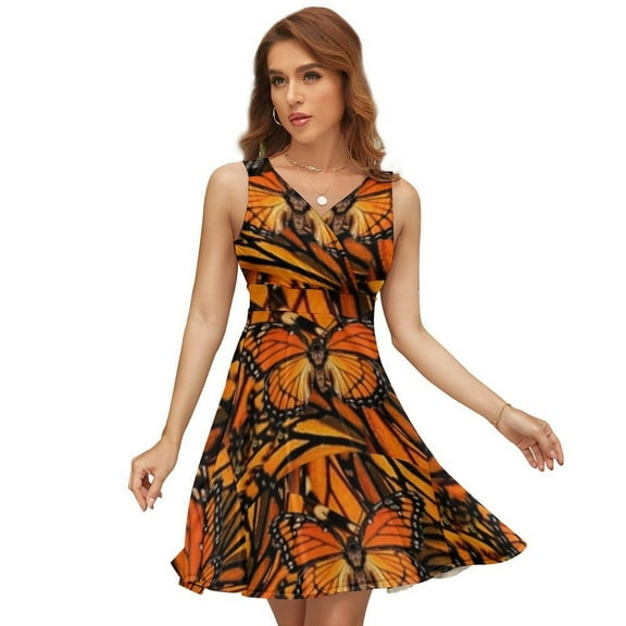 ORANGE MONARCH BUTTERFLY PATTERNED Sleeveless Dress Women Summer Evening Dresses Ladies Sundress