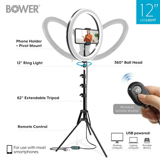 Bower Studio Light Power Mount 62" Adjustable Tripod 3 Colors 10 Brightness Levels In-Line Remote -