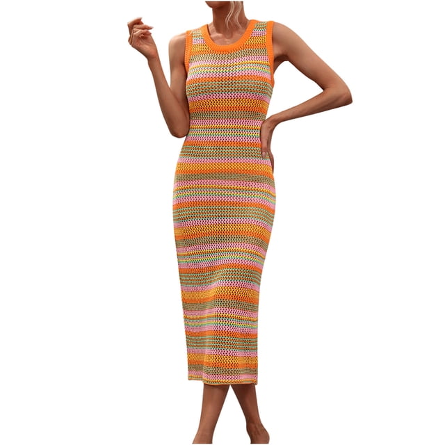 EQWLJWE Robe Longue pour Femmes Mode Féminine Sans Manches Col Rond Confortable Ample Décontractée