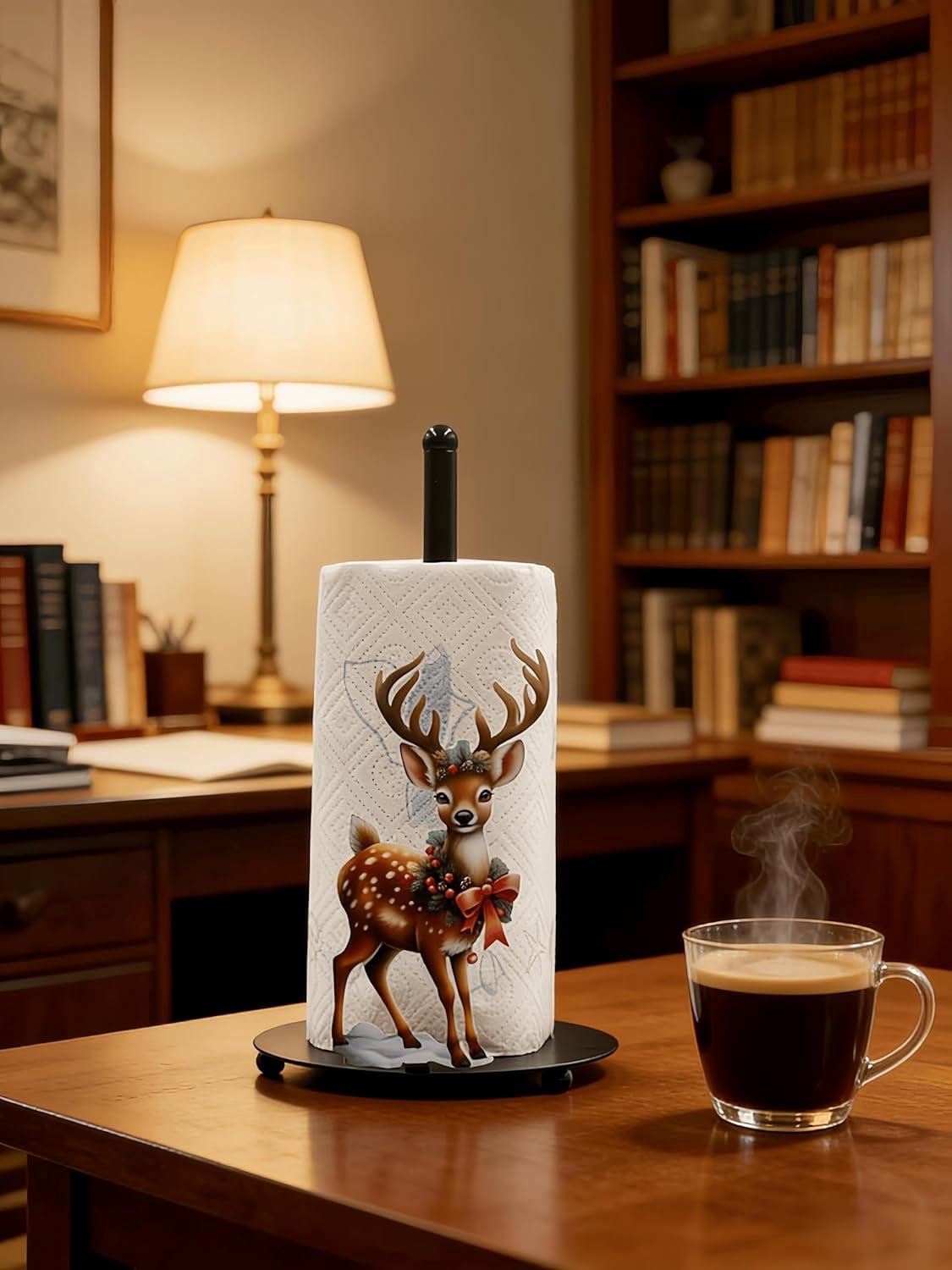 RGHJAR-Deer Paper Towel Holder, One-Handed Tear Paper Roll Stand with Weighted Base, Freestanding Metal Paper Towel Holders for Kitchen Bathroom, Rustic Cute Deer Decor, Housewarming Gift(1 Pack)