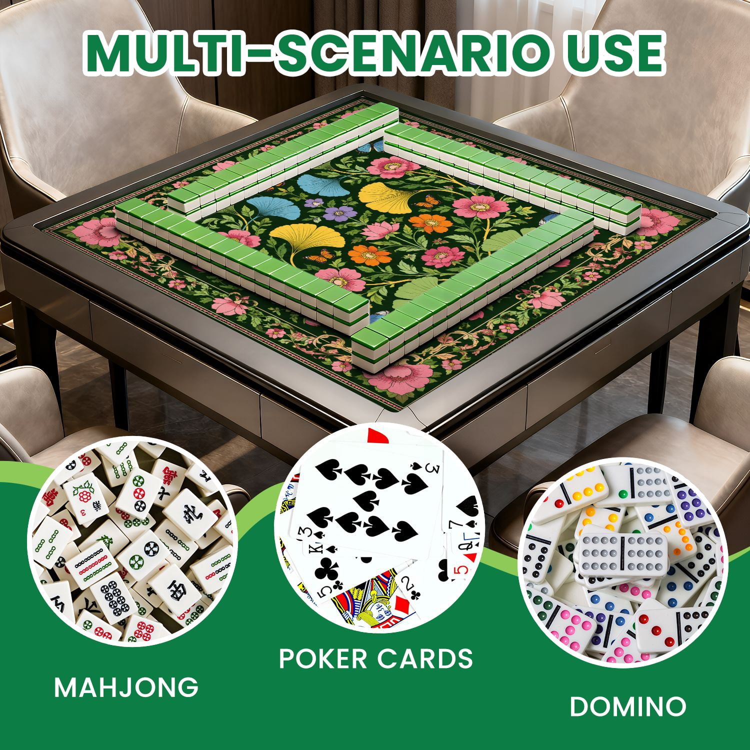 Mahjong Mat 31.5" x 31.5" Botanical Vibrant Green Leaves Flowers Butterflies Non-Slip Noise Reduction Mahjong Tiles Table Cover for Dominoes Poker Card Board and Tile Games