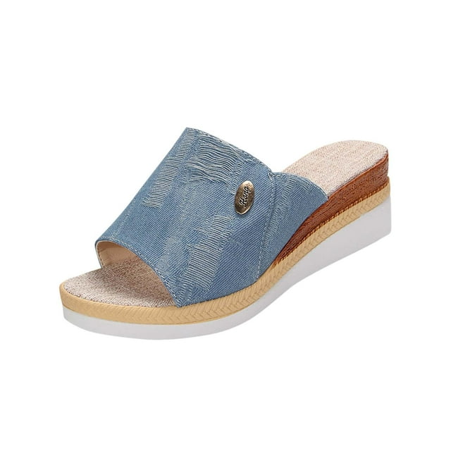 Wedge Sandals for Women Platform Slipper High Heel Peep Toe Canvas Summer Slide Sandals Light Blue