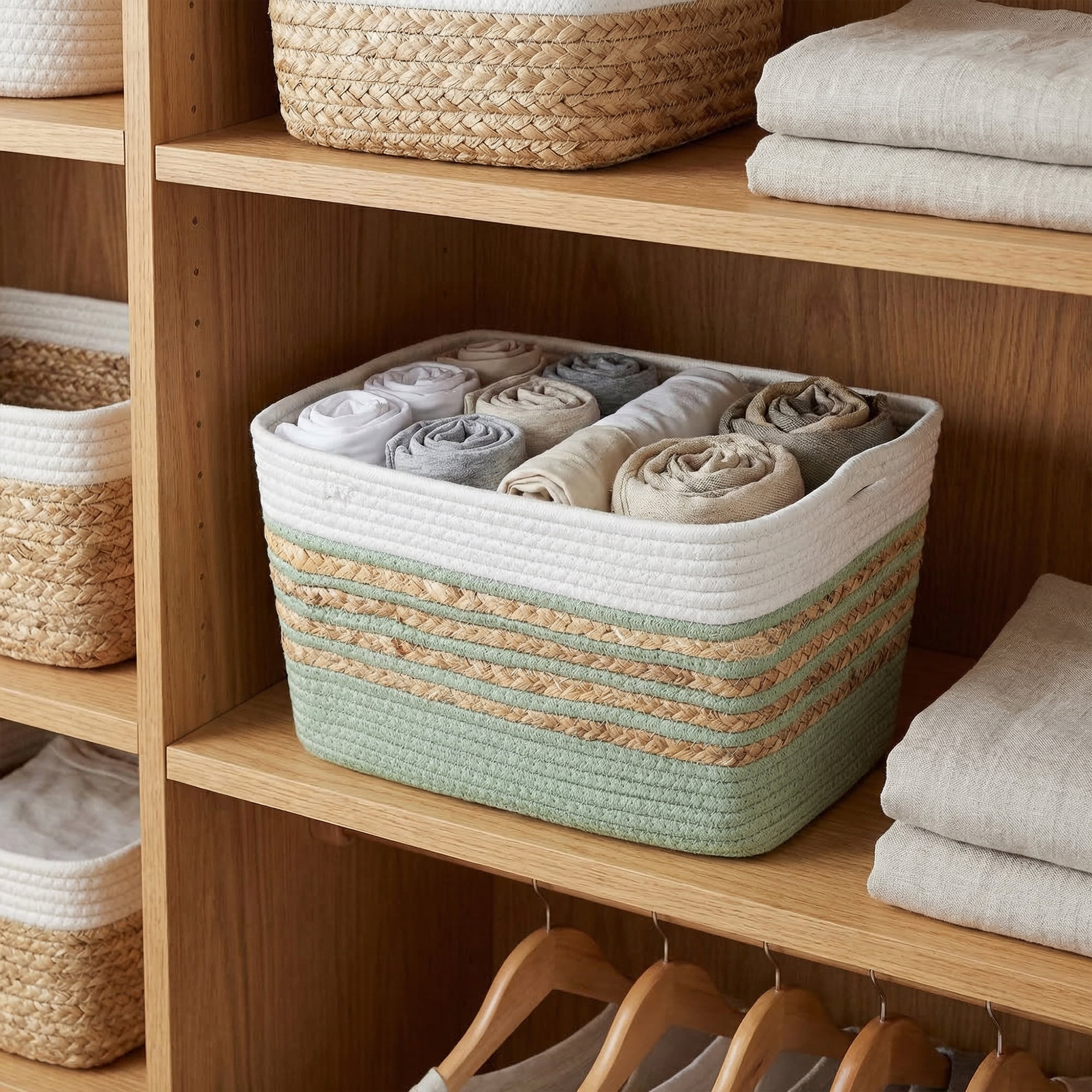 Unique Bargains Woven Storage Basket Storage Bin Green White 15*9.8*9.1in