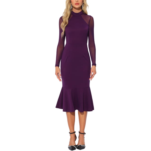 INSPIRE CHIC Vestido de Mujer Cuerpo Sirena de Manga Larga de Malla Transparente con Cuello Alto XS Púrpura Oscuro