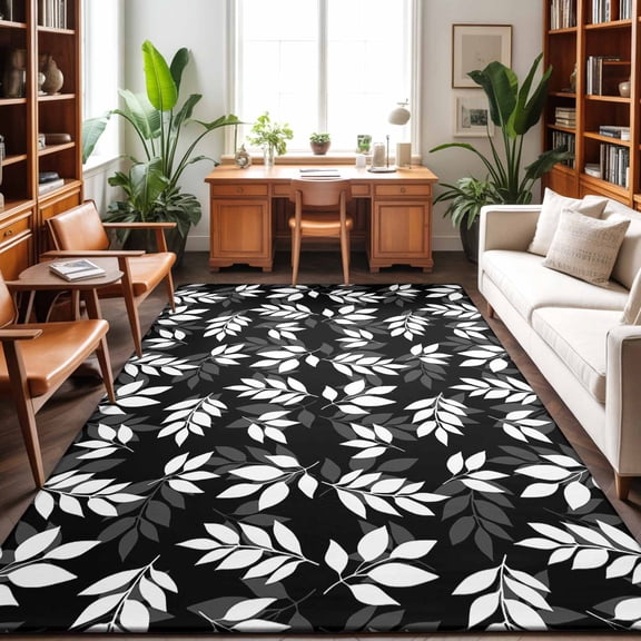 Area Rugs 5'x7', White Leaves Carpet Runner Indoor Outdoor Rugs Home Decor Aesthetic, Black Vintage Spring Botanical Leaf Plants Non Slip Mats Washable Accent Rug for Living Room Bedroom