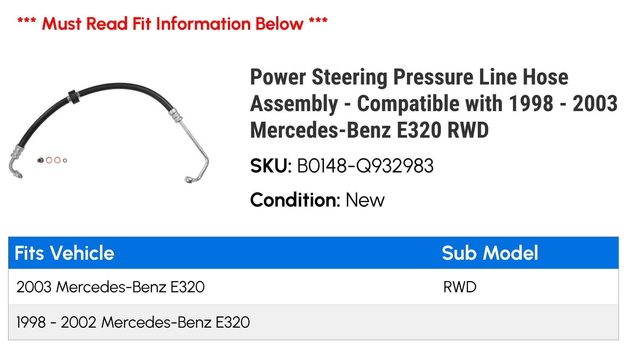 Power Steering Pressure Line Hose Assembly - Compatible with 1998 - 2003 Mercedes-Benz E320 RWD 1999 2000 2001 2002