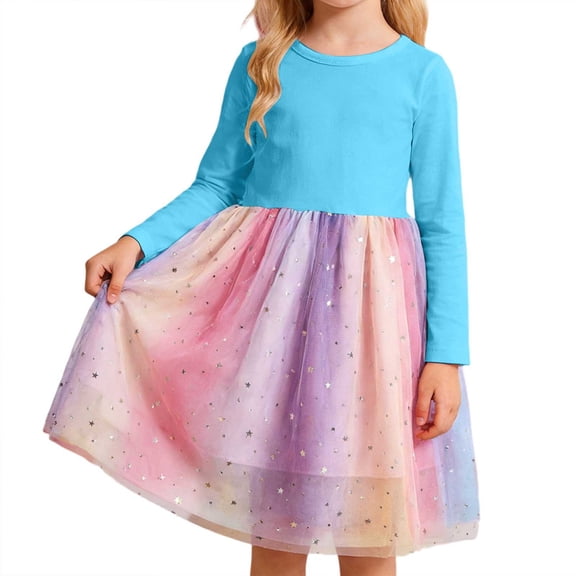 Glisme Fashion Girls Dresses Size 2-3 Y Long Sleeve Casual Dress Soft Daily Wear Comfortable Kids Dress For School And Play Blue Sundress For Girl