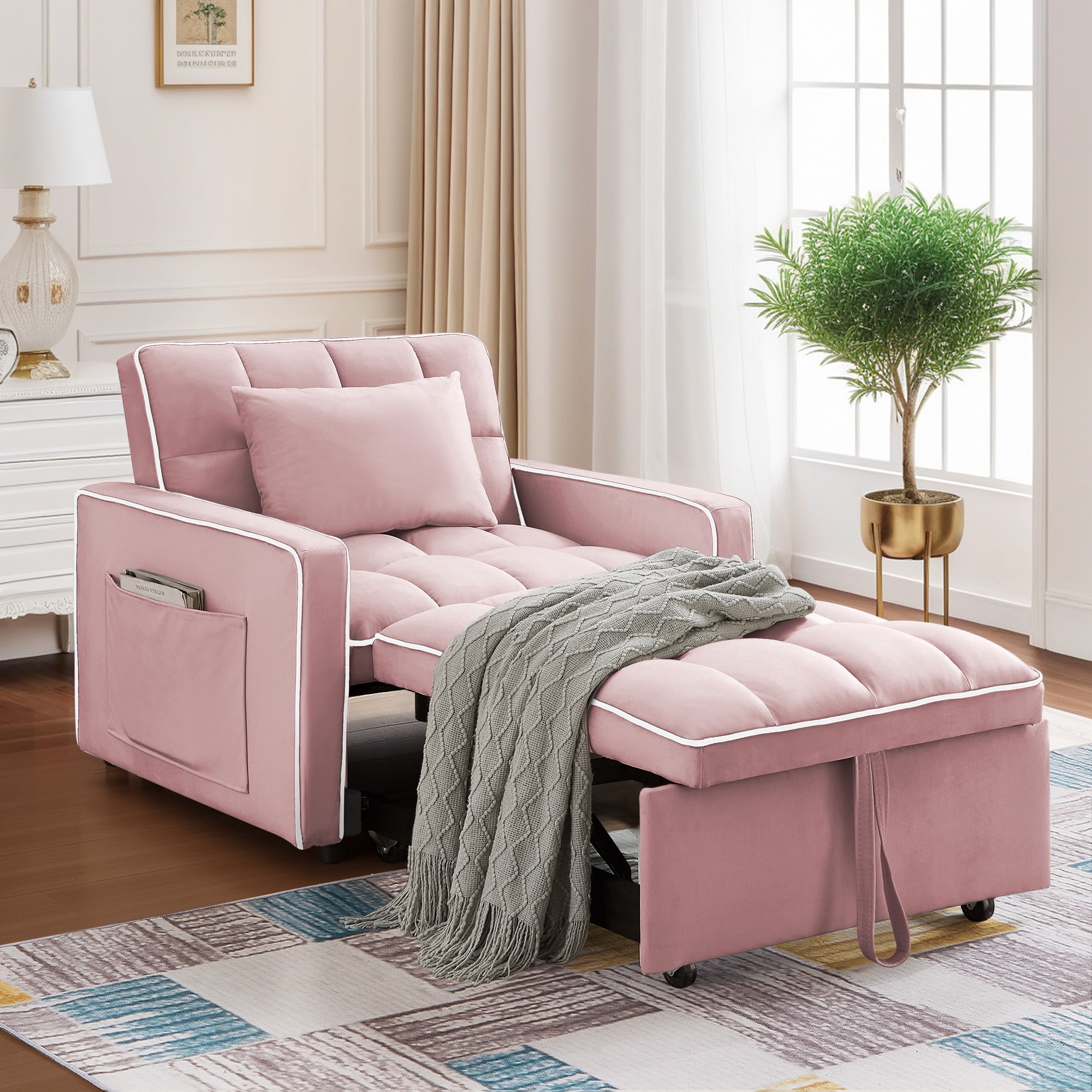 Dinosisco 4-in-1 Convertible Chair Bed, Sleeper Chair Lounge Chair Indoor, Modern Single Pull Out Couch for Living Room, Pink Velvet