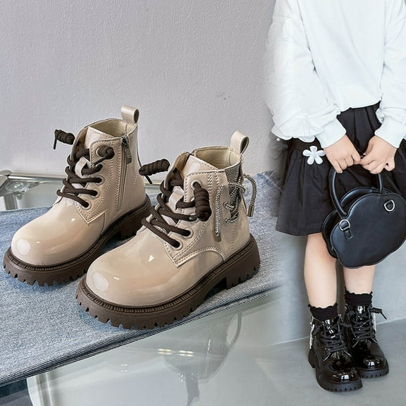 HAOTAGS Ankle Boots for Girls, Low heel Side-Zip Martin Boots School Mid-Calf Zip Boots Beige 11.5 Little Kids