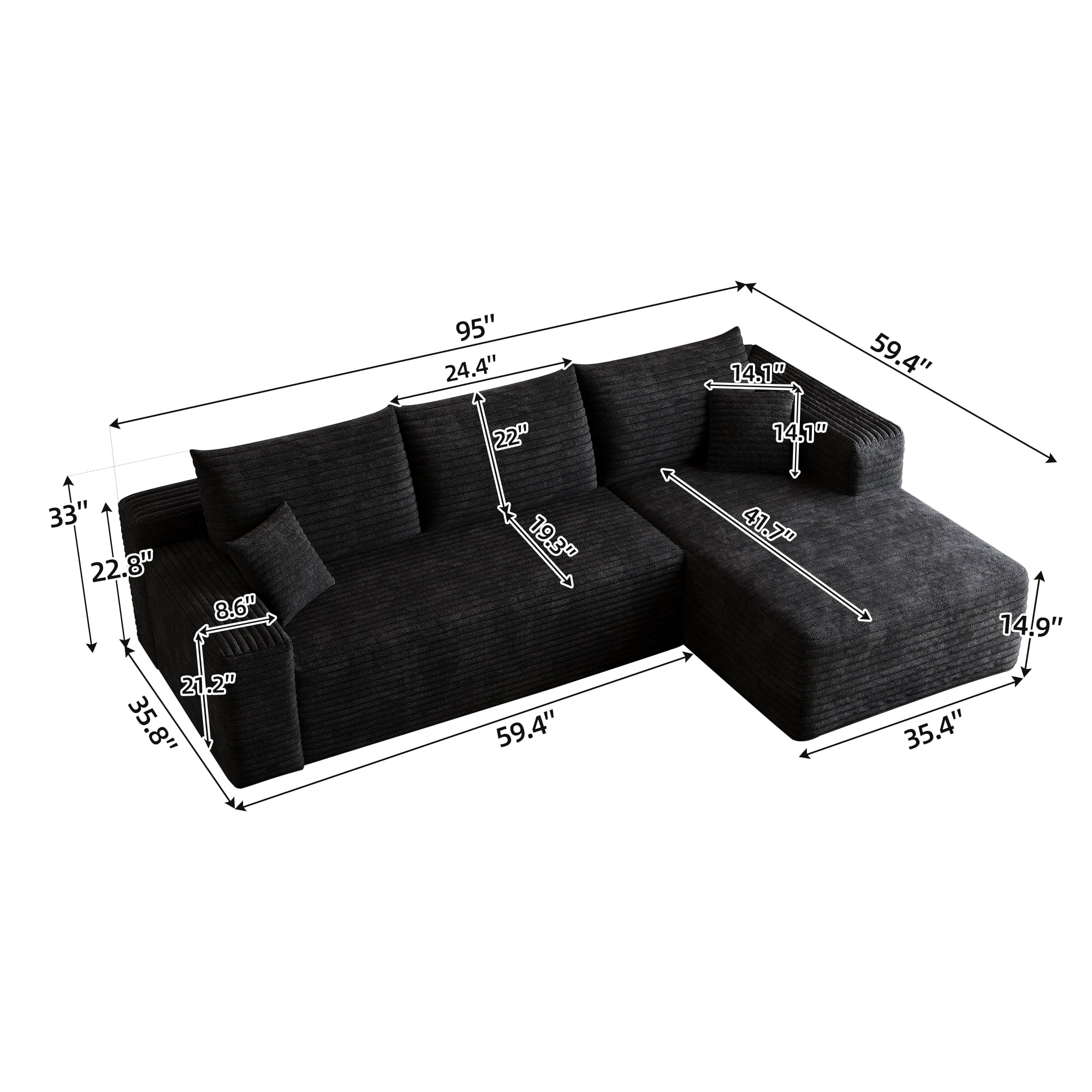 95-Inch Cloud Sectional Sofa with Plush Corduroy Fabric, U-Shaped Modular Couch and Corner Sofa for Living Room with Deep Seat, No Assembly Required, Black