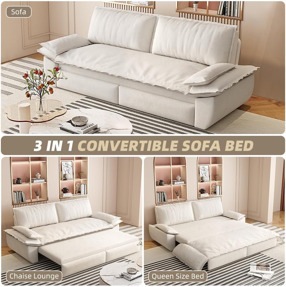 73.2" Queen 3‑In‑1 Convertible Sleeper Sofa Bed, Velvet Pull Out Multi‑Functional Loveseat, Beige+White