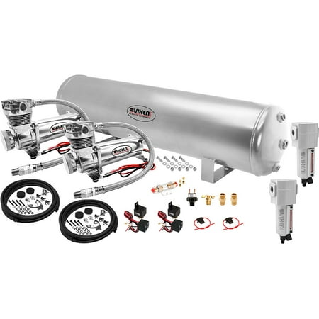 Vixen Air 5 Gallon (18 Liter) Silver Steel Tank with Dual 200 PSI Chrome Compressor and Water Traps Onboard System/Kit for Suspension/Train Horn 12V
