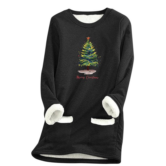 Darzheoy Womens Tops Round Neck Solid Color Christmas Graphic Trendy Long Sleeve Comfortable Sweatshirts Thermal Plush Thickened Pullover Printed Fall Winter Blouses