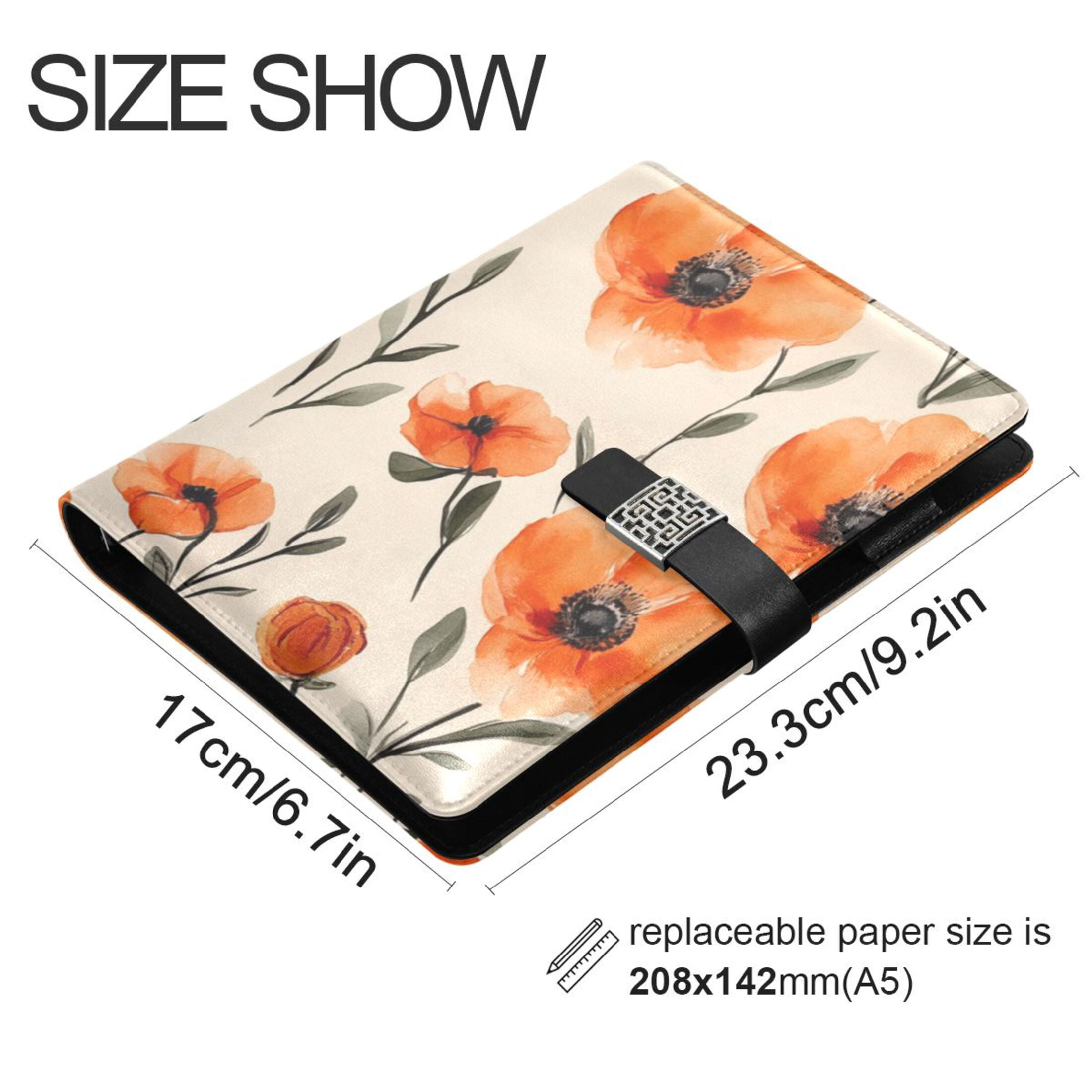 Watercolor Style Orange Flowers Leather Journal Notebook for Men Women A5 Hardcover Notebook with Pockets for Work Business Travel