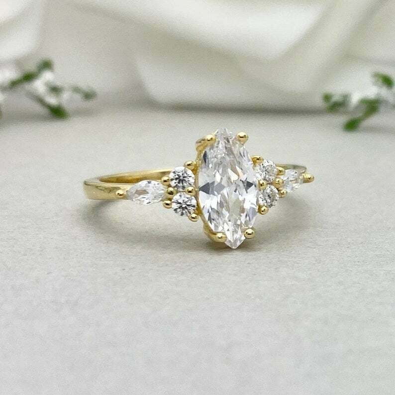 HeartsAndYou 1.5ct Engagement Ring for Women Marquise Cut Moissanite Petite Solitaire 18k Yellow Gold Over Silver