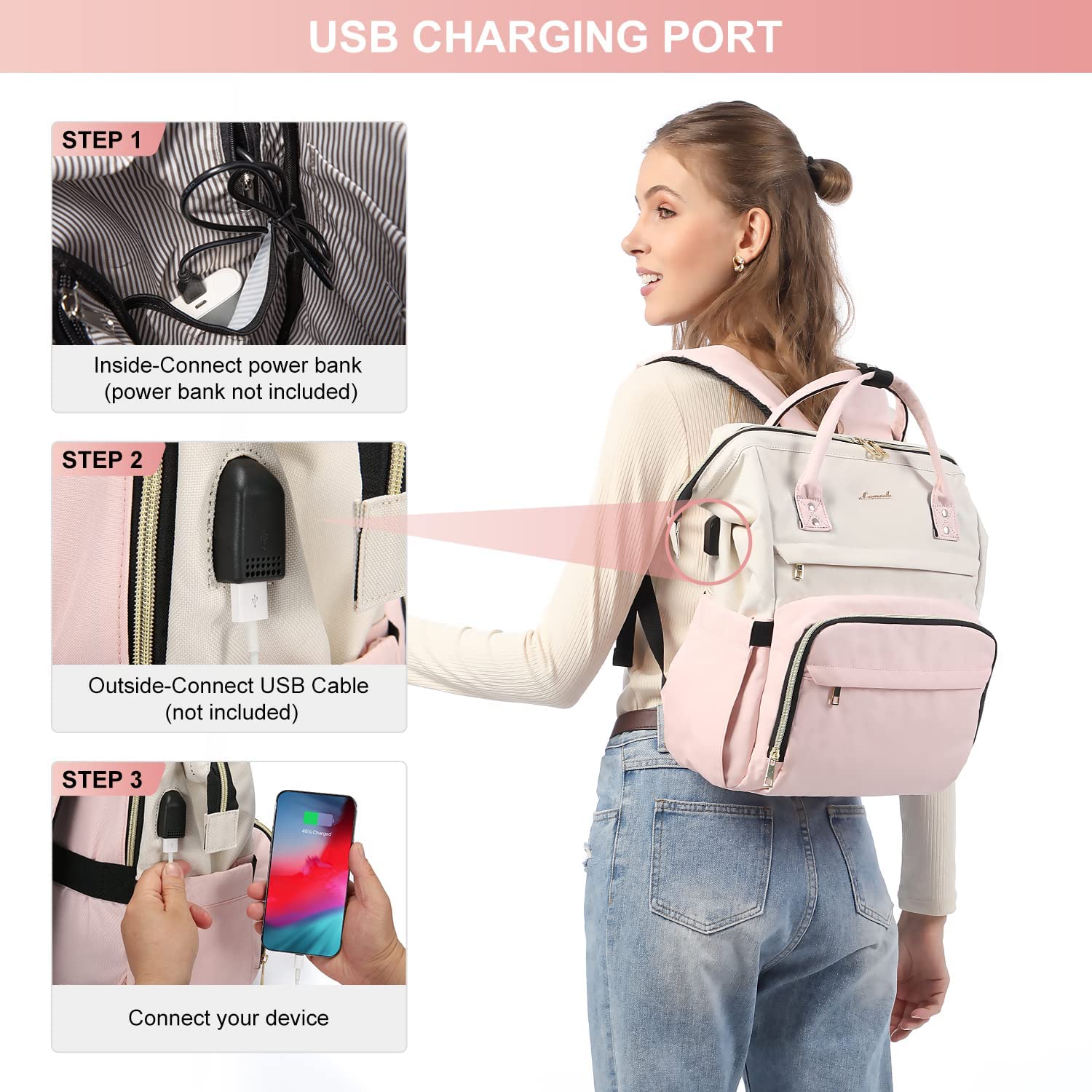 Lovevook Large Capacity 17inch Laptop Bag with Anti-Thief Pocket and USB Charging Port, Beige Pink