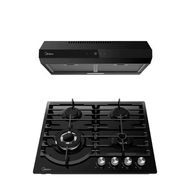combo midea parrilla de gas 4 quemadores y campana extractora 24 pulgadas negro duotastecrystal, campana empotrable negra 24 pulgadas con panel de acero inoxidable y vidrio negro, controles touch y filtros penta de aluminio lavables; parrilla 60 cm con panel de cristal templado negro, 4 quemadores (1 triple flame, 2 semi‑rápidos, 1 auxiliar), parrillas de hierro fundido, encendido electrónico, perillas frontales con bloqueo y sistema antiderrames. Suele usarse como placa principal de cocina empotrada.