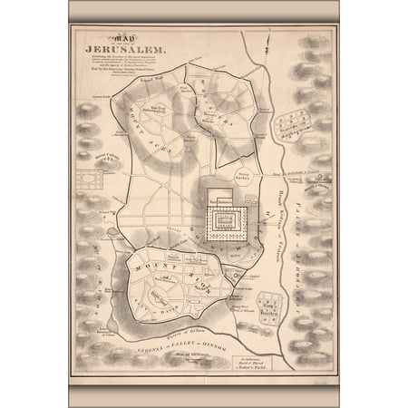 24"x36" Gallery Poster, Map of Jerusalem israel with New Testament locations 19th century