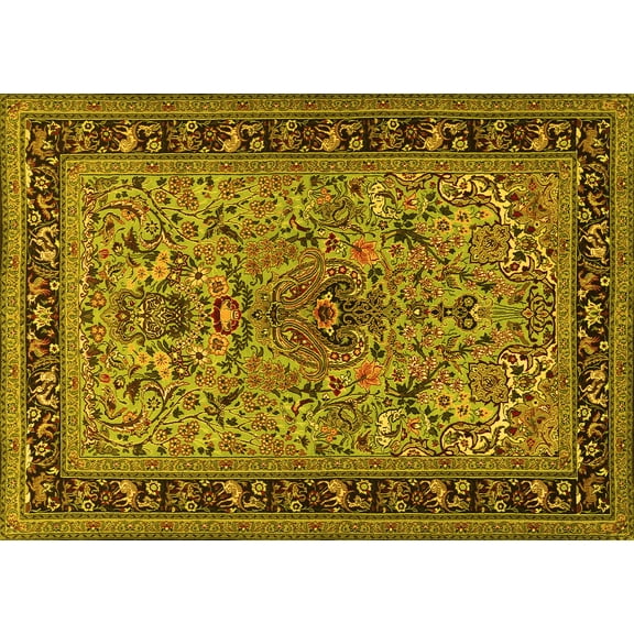 Ahgly Company Machine Washable Indoor Rectangle Persian Yellow Traditional Area Rugs, 5' x 7'