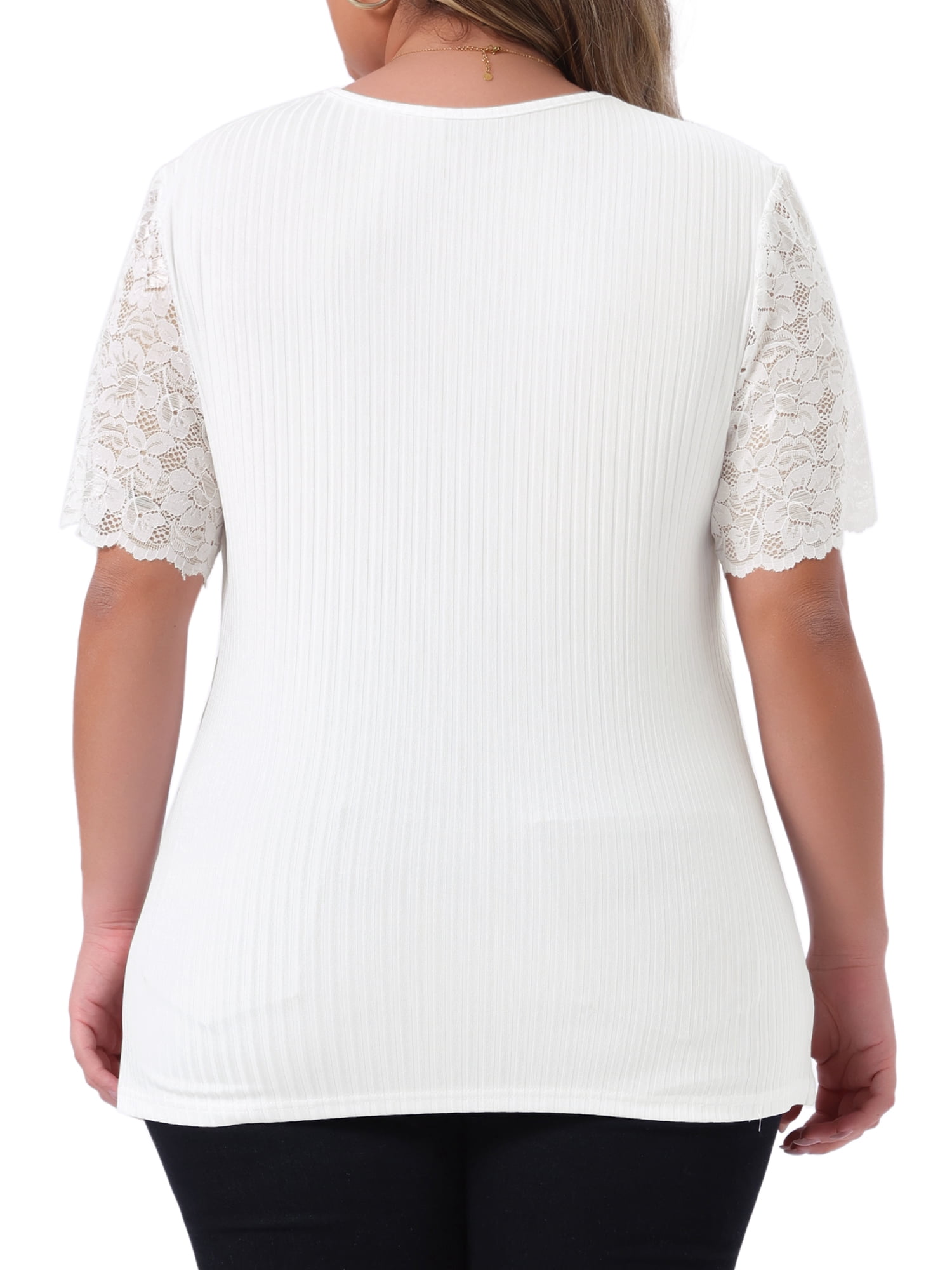 DARING DIVA Women's Plus V Neck Short Sleeve Lace Ribbed Knit Blouse 1X White