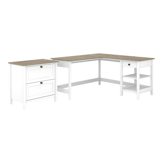 Bush Furniture Mayfield 60W L Shaped Computer Desk with 2 Drawer Lateral File Cabinet, Shiplap Gray/Pure White