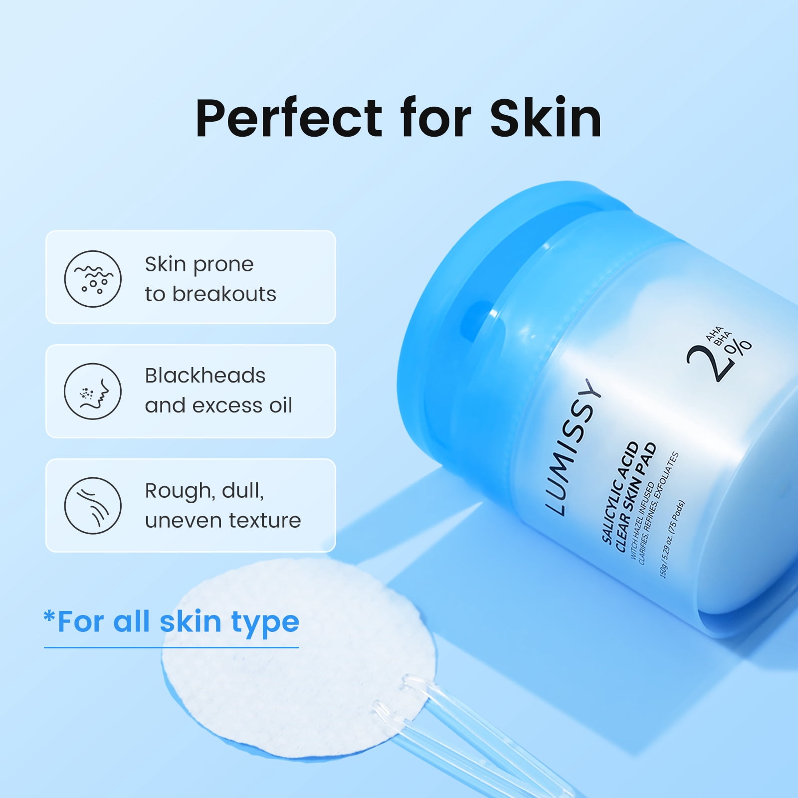 Lumissy Salicylic Acid Toner Pads, Dual-Texture Exfoliating Face Pads for Clear and Smooth Skin, 75ct